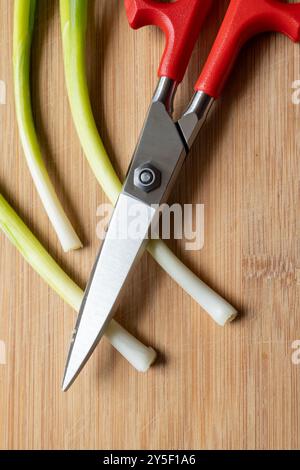 Three green onion scallions on a cutting board with scissors Stock Photo