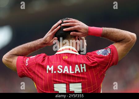 Liverpool's Mohamed Salah during the Premier League match between Liverpool and Bournemouth at Anfield, Liverpool on Saturday 21st September 2024. (Photo: Steven Halliwell | MI News) Credit: MI News & Sport /Alamy Live News Stock Photo