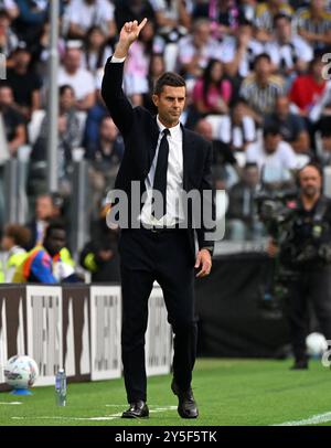 Turin, Italy. 21st Sep, 2024. Juventus' head coach Thiago Motta gestures during a Serie A soccer match between Juventus and Napoli in Turin, Italy, Sept. 21, 2024. Credit: Alberto Lingria/Xinhua/Alamy Live News Stock Photo