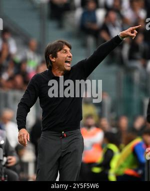 Turin, Italy. 21st Sep, 2024. Napoli's head coach Antonio Conte gestures during a Serie A soccer match between Juventus and Napoli in Turin, Italy, Sept. 21, 2024. Credit: Alberto Lingria/Xinhua/Alamy Live News Stock Photo