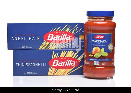 IRVINE, CALIFORNIA - 21 SEPT 2024: Two boxes of Barilla Spaghetti Angle Hair and Thin with a jar of Marinara Sauce. Stock Photo