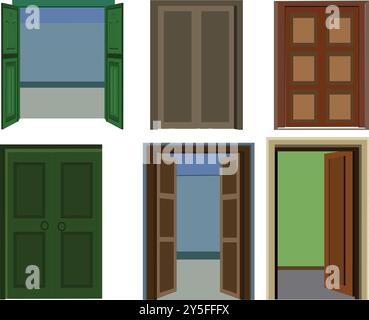 Colourful entrance doorway wooden doors collection. wooden classic door set isolated vector illustration.showcasing various styles and colors village Stock Vector