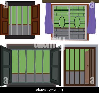 windows set open and made of wood. Indian style open wooden door isolated on white background. 2d flat window design Stock Vector