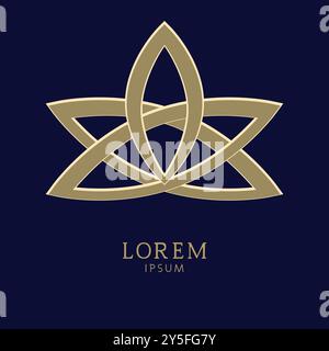 Vector logo design template and logo in gold color on a black and blue background. Graphic symbol of a lotus. Stock Vector