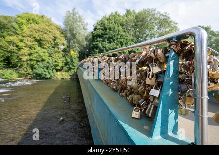 Love locks on the Bakewell Weir Bridge over the River Wye  in the Peak District, Derbyshire just a month before official removal. Stock Photo