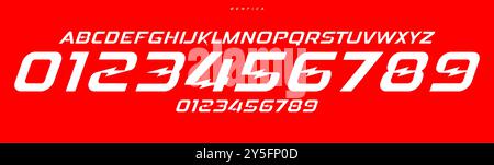 Electrifying angular font, sharp dynamic strokes, energy sans serif for adrenaline logos, striking headlines, fast sports branding, jersey numbers Stock Vector