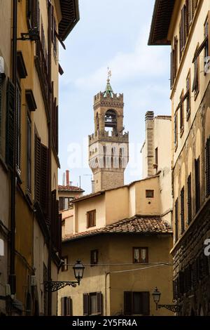 The tower of Palazzo Veccio in the beautiful ancient city of Florence in the Tuscany region of Italy, Europe. Stock Photo