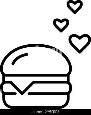 Hamburger and hearts. Food option reviews, add to favorites, delivery app. Pixel perfect, editable stroke vector icon Stock Vector