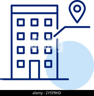 High-rise apartment building and map location pointing to window. Urban residence, real estate. Pixel perfect, editable stroke vector icon Stock Vector
