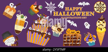 Halloween cake set Fancy Halloween elements Spooky desserts: ghosts, pumpkins, graveyards, bones, skulls, bats, and spiders are decorated on the cake Stock Vector