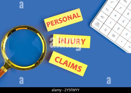 Words PERSONAL INJURY CLAIMS it is laid out from wooden blocks , top view in a composition with a calculator and a magnifying glass Stock Photo