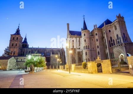 View of the Cathedral of Santa Maria and Episcopal Palace in Astorga, Way of St. James, Leon, Spain Stock Photo