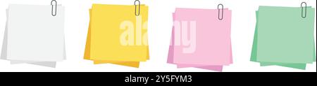 Paper note with clip set in flat style. Note paper pieces vector illustration on isolated background. Sheets of note papers sign business concept. Stock Vector