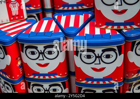 Osaka, Japan - October 9, 2016: Stacked display, selling famous icon Kuidaore Taro Clown (AKA Kuidasore Ningyo), items in Osaka, Japan. Stock Photo