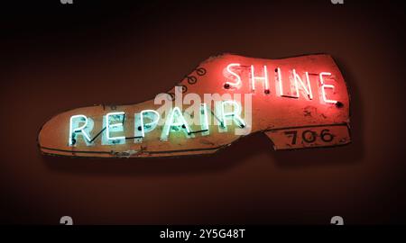 A Retro, Vintage Neon Sign For Shoe Shine And Repair Stock Photo