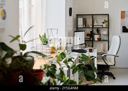 Brightly lit home office featuring white furniture, modern decor, and green plants, with computer setup and shelves organized with various items Stock Photo