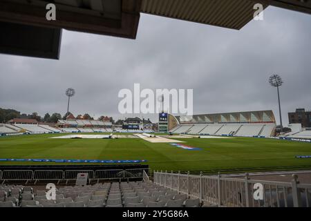 Taken in Nottingham, UK on 22 Sep 2024 at Nottinghamshire County Cricket Club, Trent Bridge  Pictured is a view of the ground with covers in place prior to the 11:00am scheduled start of play for the 2024 Metro Bank 1 Day Cup final match between Somerset CCC & Glamorgan CCC  Image is for editorial use only - credit to Stu Leggett via Alamy Live News Stock Photo