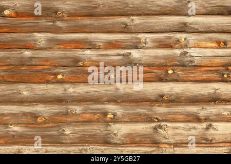 Texture of wooden log wall. Close-up of old wooden house wall. Background, blank for design. Stock Photo