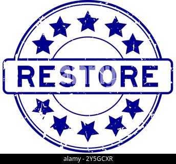 Grunge blue restore word with star icon round rubber seal stamp on white background Stock Vector