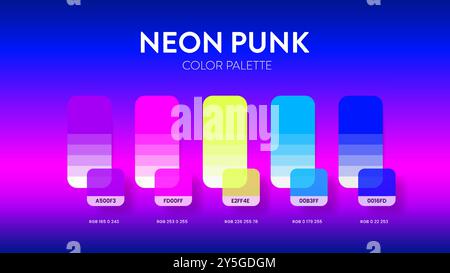 Color palette guide in Neon Punk colour theme collections. Color inspiration or chart with codes template. Color combination RGB. Colors swatches for Stock Vector