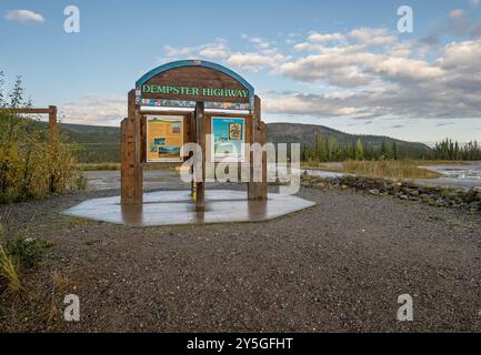 Dawson City, Yukon, Canada – August 28, 2024:  Sign marking the southern end of the Dempster Highway Stock Photo