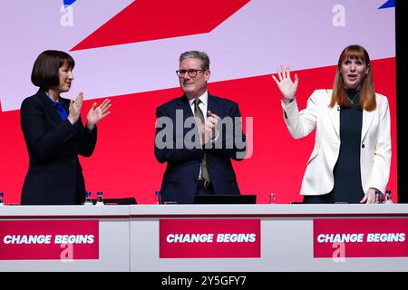 (left to right) Chancellor of the Exchequer Rachel Reeves, Prime Minister Sir Keir Starmer and Deputy Prime Minister Angela Rayner during the Labour Party Conference in Liverpool. Picture date: Sunday September 22, 2024. Stock Photo