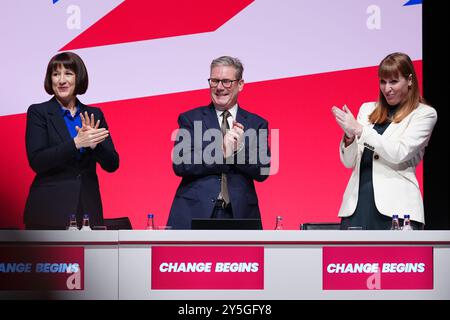 (left to right) Chancellor of the Exchequer Rachel Reeves, Prime Minister Sir Keir Starmer and Deputy Prime Minister Angela Rayner clap their hands during the Labour Party Conference in Liverpool. Picture date: Sunday September 22, 2024. Stock Photo