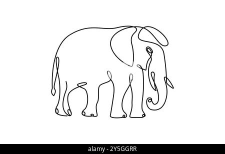 Continuous line of walking standing elephant. Single one line art of wild elephant. Vector illustration, elephant one line. Elephant with baby symbol Stock Vector