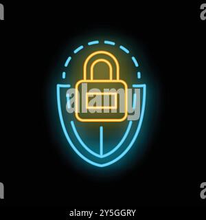 Neon cyber security shield protecting with padlock icon glowing on a black background Stock Vector