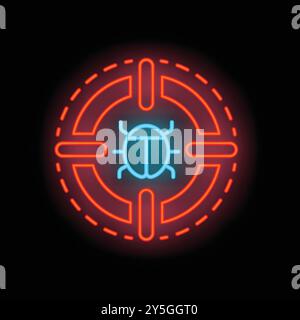Neon sign of a blue bug inside a red crosshair on a black background, representing software debugging Stock Vector