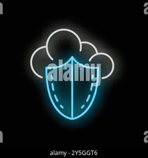 Neon blue shield protecting cloud computing and data storage, cybersecurity concept Stock Vector