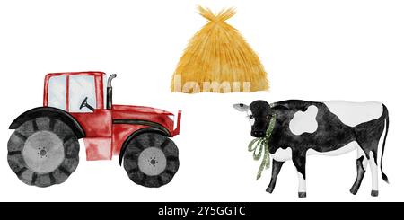 Cute farm animal and tractor. Hand drawn cow, haystack and red tractor on isolated white background. Country style clip art. Ideal for educational Stock Photo