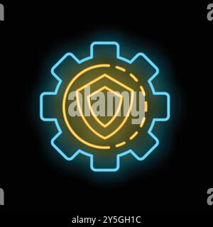 Glowing neon icon of a shield covering a gear, representing cybersecurity and data protection Stock Vector