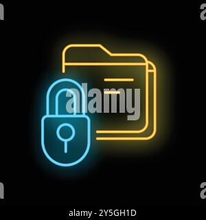 Neon blue padlock is securing a neon yellow folder containing documents on a black background Stock Vector