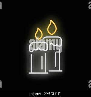 Neon sign of a pair of burning candles, with melted wax, on a black background Stock Vector