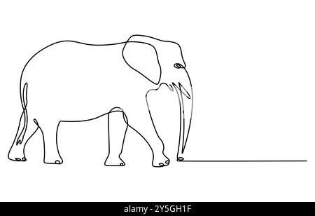 Continuous line of walking standing elephant. Single one line art of wild elephant. Vector illustration, elephant one line. Elephant with baby symbol Stock Vector