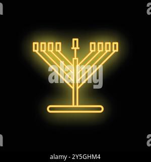 Glowing neon yellow illustration of hanukkah menorah with nine candles standing on a stand Stock Vector