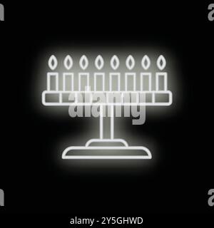 White neon glowing hanukkah menorah with nine candles standing on a stand on black background Stock Vector