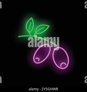 Neon sign of two olives hanging from a branch with leaves, glowing purple and green on a black background Stock Vector