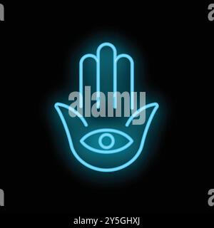 Glowing neon hamsa hand sign with an eye in the center, a symbol of protection and good luck Stock Vector