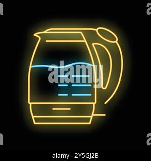 Neon sign of electric kettle with boiling water inside, isolated on black background Stock Vector