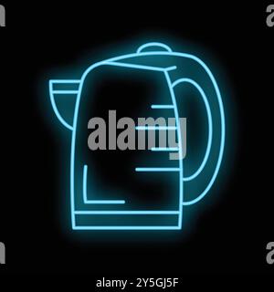 Bright blue neon sign of a modern electric kettle glowing on a black background Stock Vector