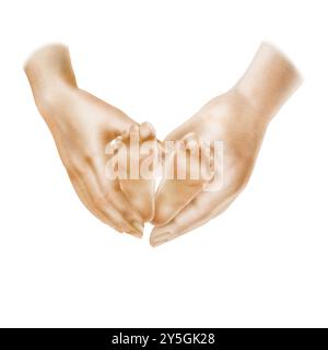 Male and female hands in heart shape holding legs of newborn baby as a symbol of unity, family, love and tenderness. Hand drawn watercolor clipart on Stock Photo