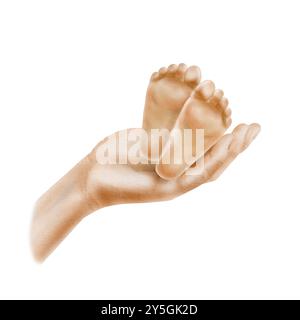 A parent's hand gently, lovingly holds the legs of his newborn baby with wrinkles on the feet. Watercolor clipart in soft colors. Isolated Stock Photo