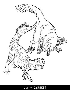 Predatory dinosaur Deinonychus attacks Psytacosaurus. Battle between two dinosaurs to color in. Stock Photo