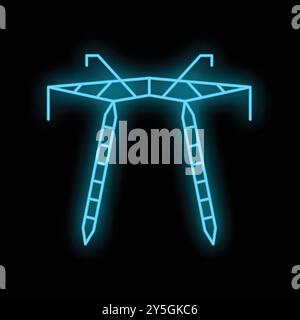 Neon blue icon of an electric pylon with visible cables, glowing on black background Stock Vector