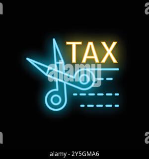 Blue neon scissors are cutting the word tax in a bright yellow neon sign Stock Vector