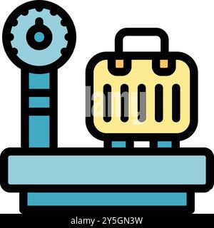 Illustration of a luggage being weighed on an airport scale, in thin line style Stock Vector