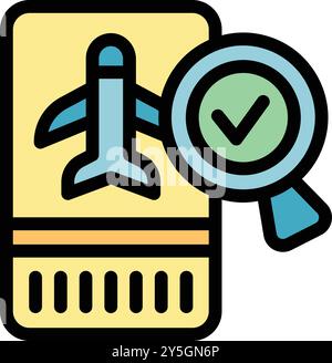 Magnifying glass is hovering over a boarding pass, verifying its authenticity for travel Stock Vector