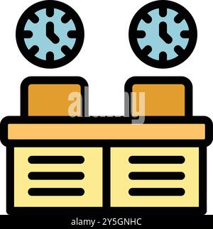 Two workstations with clocks indicating working hours in a modern office environment Stock Vector